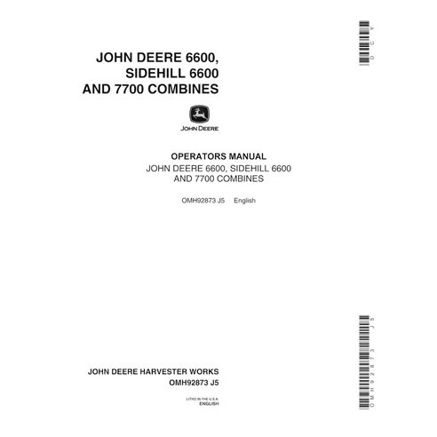 John Deere 6600, 6600SH, 7700 (SN 213301-261750) combine pdf operator's manual  - John Deere manuals - JD-OMH92873-EN