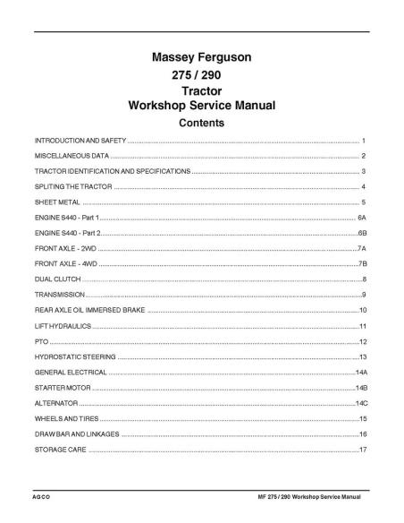 Massey Ferguson 275, 290 manuel d'entretien d'atelier de tracteur - Massey-Ferguson manuels - MF-TRACTOR-275-290