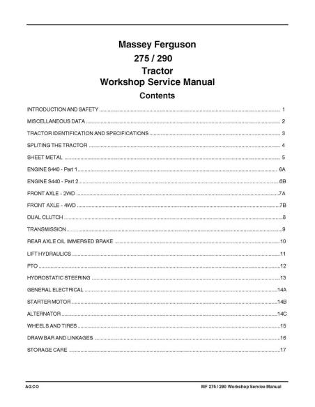 Massey Ferguson 275, 290 tractor workshop service manual - Massey Ferguson manuals - MF-TRACTOR-275-290