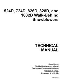 TM1612 Manuel technique des souffleuses à neige autoportées John Deere 524D, 724D, 826D, 828D et 1032D (TM1612)