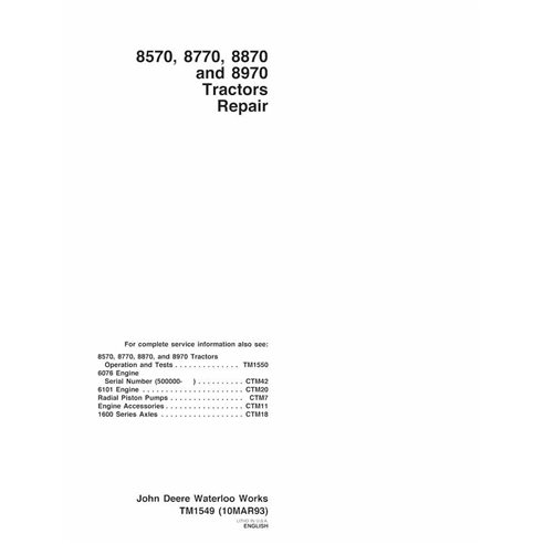 Manual técnico de reparación en pdf del tractor John Deere 8570, 8770, 8870 y 8970 - John Deere manuales - JD-TM1549-EN