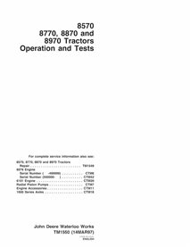 TM1550 Manuel technique de fonctionnement et d'essai des tracteurs John Deere 8570, 8770, 8870 et 8970 pdf