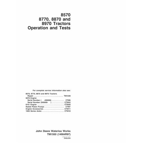 TM1550 Manuel technique de fonctionnement et d'essai des tracteurs John Deere 8570, 8770, 8870 et 8970 pdf