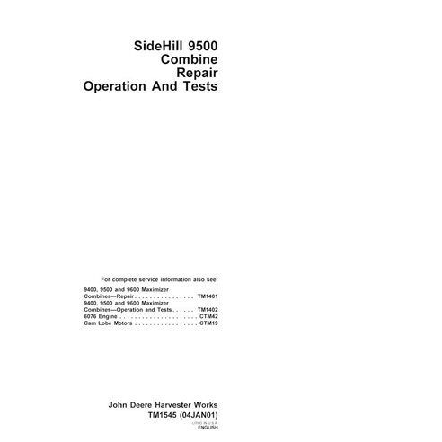 TM1545 John Deere SideHill 9500 cosechadora pdf manual de reparación, operación y pruebas