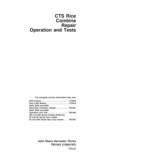 John Deere CTS Rice combiner manuel de réparation, d'utilisation et de tests pdf - John Deere manuels - JD-TM1543-EN