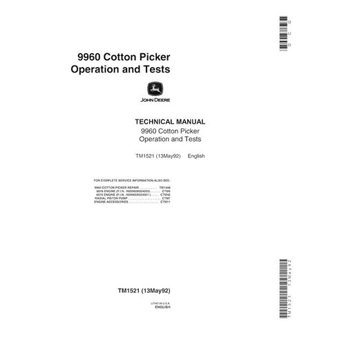 Manual técnico de operação e teste em pdf da colhedora de algodão John Deere 9960 - John Deere manuais - JD-TM1521-EN