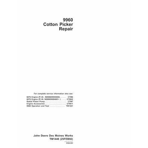 TM1448 Manual técnico de reparación de la cosechadora de algodón John Deere 9960 (TM1448)