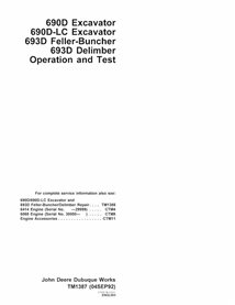 TM1387 Manuel technique d'utilisation et de test des pelles hydrauliques John Deere 690D, 690DLC, 693D (TM1387)