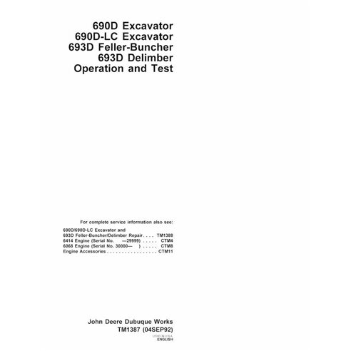Manuel technique de fonctionnement et de test pdf de l'excavatrice John Deere 690D, 690DLC, 693D - John Deere manuels - JD-TM...