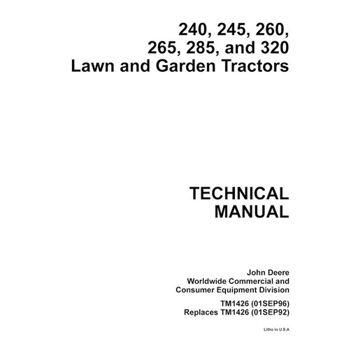 Manual técnico em pdf do trator de gramado John Deere 240, 245, 260, 265, 285 e 320 - John Deere manuais - JD-TM1426-EN