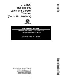 John Deere 240, 245, 260, 265, 285 (SN 100000-475000) lawn tractor pdf operator's manual  - John Deere manuals - JD-OMM96102-EN