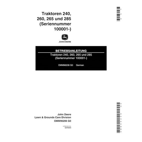 John Deere 240, 245, 260, 265, 285 (SN 100000-475000) tracteur de pelouse pdf manuel de l'opérateur DE - John Deere manuels -...