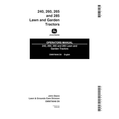 John Deere 240, 245, 260, 265, 285 (SN 475000-) manual do operador do trator de gramado em pdf - John Deere manuais - JD-OMM7...
