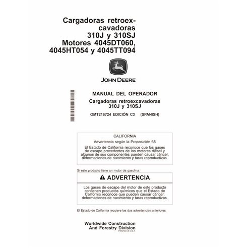 Retroescavadeira John Deere 310J, 310SJ C3 pdf manual do operador ES - John Deere manuais - JD-OMT216724-ES