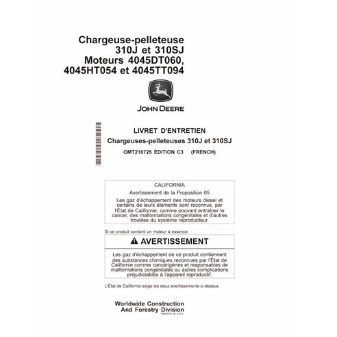 Manuel de l'opérateur pour tractopelle John Deere 310J, 310SJ C3 pdf FR - John Deere manuels - JD-OMT216725-FR