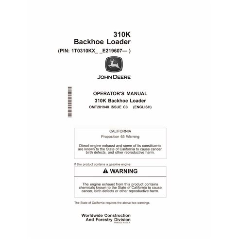 JD-OMT281948 John Deere 310K, PIN: 1T0310KX_ _E219607- backhoe loader pdf operator's manual