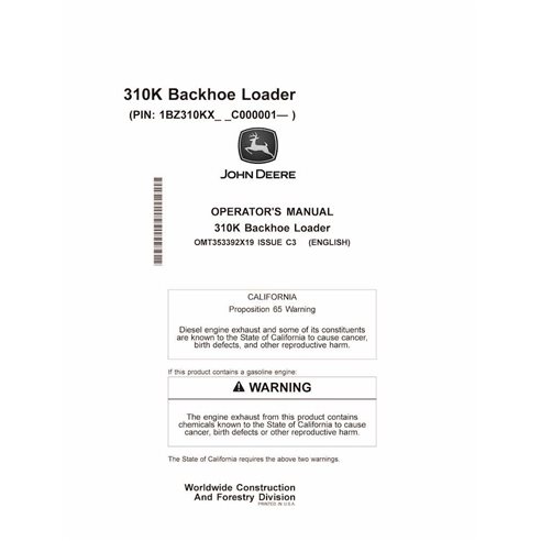 JD-OMT353392X19 John Deere 310K, PIN: 1BZ310KX_ _C000001- backhoe loader operator's manual (OMT353392X19)
