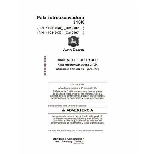 JD-OMT305706-ES John Deere 310K, PIN: _D219607-, _C219607 backhoe loader operator's manual (OMT305706)