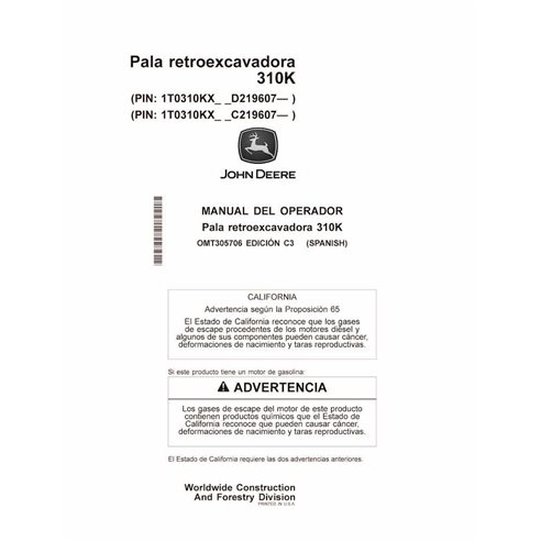 John Deere 310K, PIN: _D219607-, _C219607 manual del operador de la retroexcavadora en pdf - John Deere manuales - JD-OMT3057...
