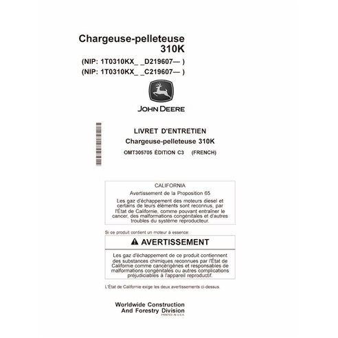 JD-OMT305705-FR John Deere 310K, PIN: _D219607-, _C219607 backhoe loader operator's manual FR (OMT305705)