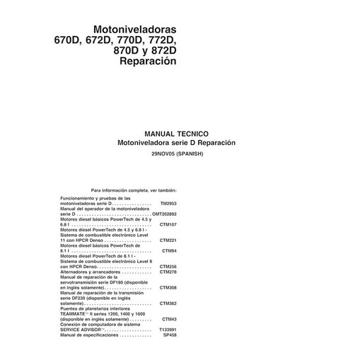 Manual técnico de reparo em pdf da motoniveladora John Deere 670D, 672D, 770D, 772D, 870D, 872D ES - John Deere manuais - JD-...