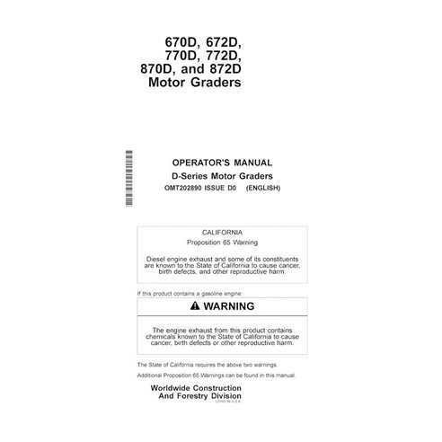 John Deere 670D, 672D, 770D, 772D, 870D, 872D grader pdf operator's manual  - John Deere manuals - JD-OMT202890-EN
