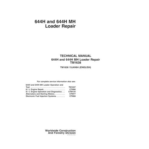 Manual técnico de reparación en pdf del cargador de ruedas John Deere 644H, 644MH - John Deere manuales - JD-TM1638-EN