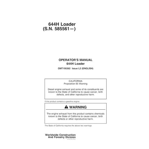 Manuel de l'opérateur pdf pour chargeuse sur pneus John Deere 644H, 644MH (SN 585561-) - John Deere manuels - JD-OMT195362-EN