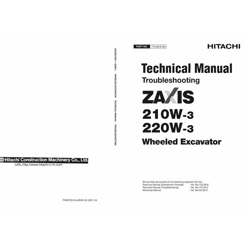 Manual técnico de solução de problemas em pdf da escavadeira Hitachi ZAXIS 210W-3, 220W-3 - Hitachi manuais - HITACHI-TTCJB-E-00
