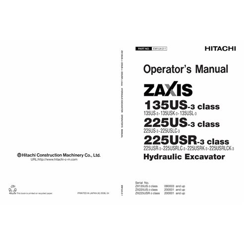 Hitachi ZAXIS 135US-3, 225US-3 excavator pdf operator's manual  - Hitachi manuals - HITACHI-EM1U421-EN