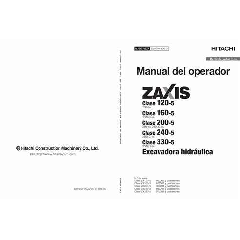 Manual do operador em pdf da escavadeira Hitachi ZAXIS 120-5, 160-5, 200-5, 240-5, 330-5 ES - Hitachi manuais - HITACHI-ESMDA...