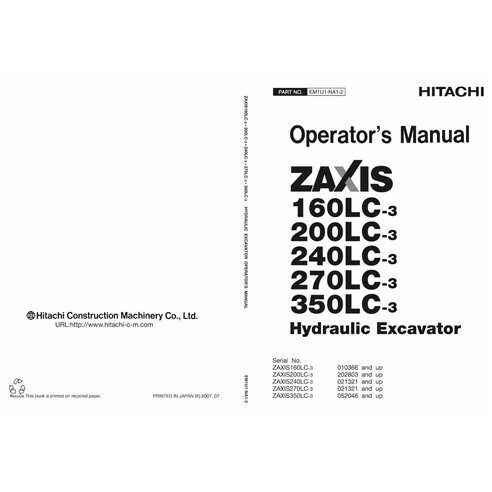 Manual do operador em pdf da escavadeira Hitachi ZAXIS 160LC-3, 200LC-3, 240LC-3, 270LC-3, 350LC-3 - Hitachi manuais - HITACH...