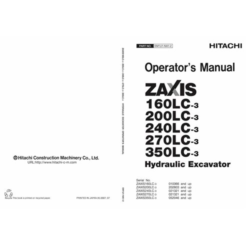 HITACHI-EM1U1NA12 Hitachi ZAXIS 160LC-3, 200LC-3, 240LC-3, 270LC-3, 350LC-3 excavator pdf operator's manual