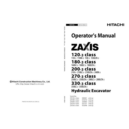Hitachi ZAXIS 120-3, 180-3, 200-3, 270-3, 330LC-3 manual del operador de excavadora de clase pdf - Hitachi manuales - HITACHI...