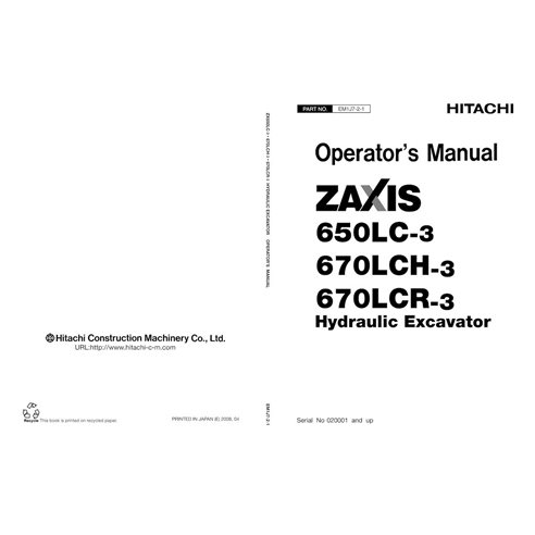 Manual do operador em pdf da escavadeira Hitachi ZAXIS 650LC-3, 670LCH-3, 670LCR-3 - Hitachi manuais - HITACHI-EM1J721-EN
