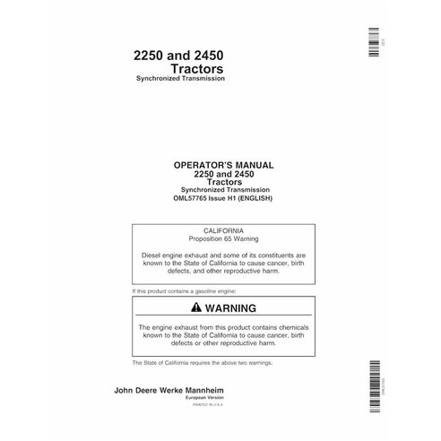 Manual do operador em pdf do trator com transmissão sincronizada John Deere 2250, 2450 - John Deere manuais - JD-OML57765-EN