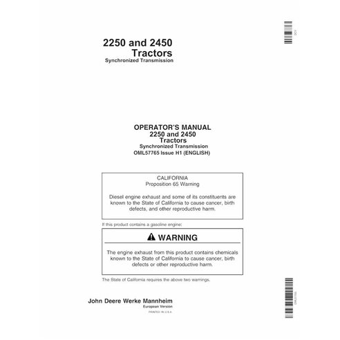JD-OML57765 John Deere 2250, 2450 Synchronized Transmission tractor pdf operator's manual