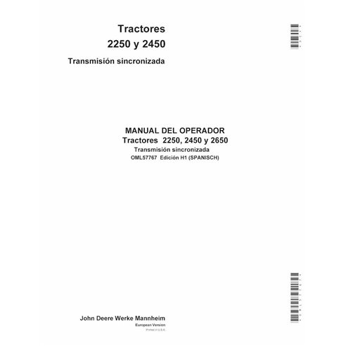 JD-OML57767-ES Manual del operador del tractor John Deere 2250, 2450 con transmisión sincronizada ES (OML57767)