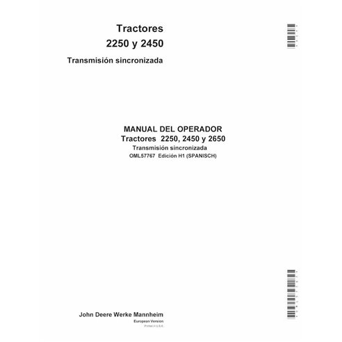 Trator de transmissão sincronizada John Deere 2250, 2450 pdf manual do operador ES - John Deere manuais - JD-OML57767-ES