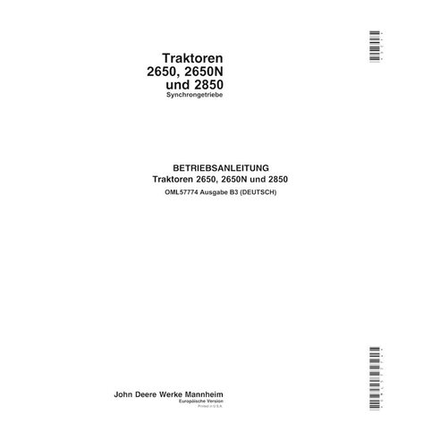 John Deere 2650, 2650N, 2850 Trator de transmissão sincronizada pdf manual do operador DE - John Deere manuais - JD-OML57774-DE