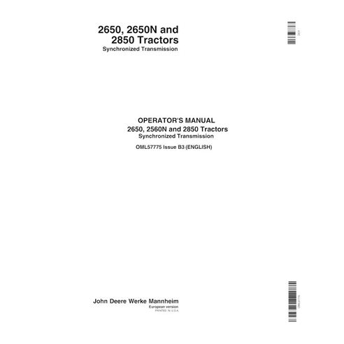 John Deere 2650, 2650N, 2850 Tractor con transmisión sincronizada manual del operador en pdf - John Deere manuales - JD-OML57...