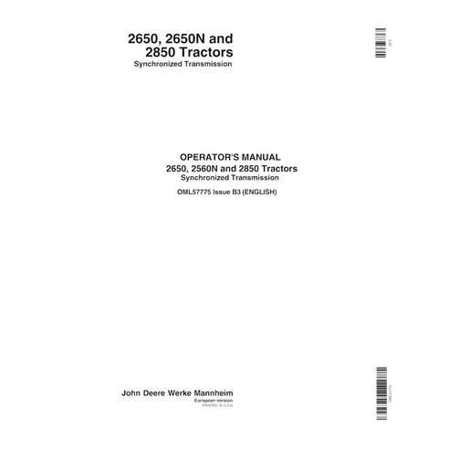 Manual do operador em pdf do trator com transmissão sincronizada John Deere 2650, 2650N, 2850 - John Deere manuais - JD-OML57...