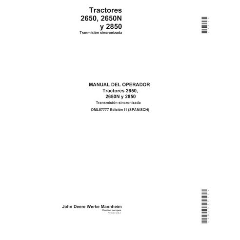 JD-OML57777-ES Manual del operador del tractor John Deere 2650, 2650N, 2850 con transmisión sincronizada ES (OML57777)