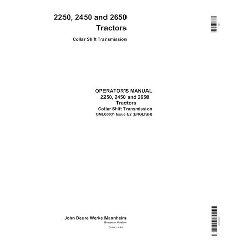John Deere 2250, 2450, 2650 Collar Shift Transmission manual do operador em pdf do trator - John Deere manuais - JD-OML60031-EN