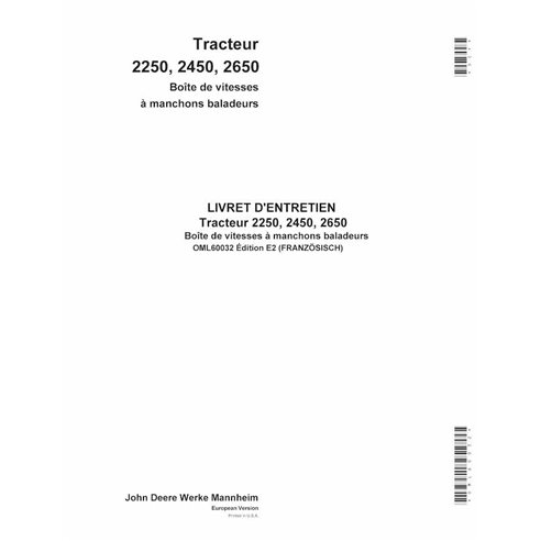 John Deere 2250, 2450, 2650 Collar Shift Transmission tracteur pdf manuel de l'opérateur FR - John Deere manuels - JD-OML6003...
