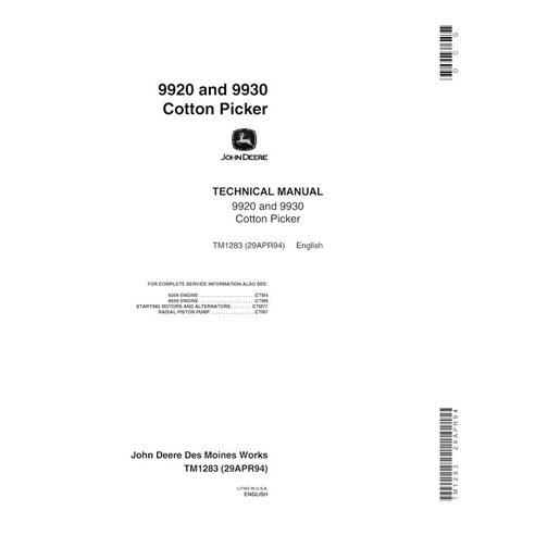 Manual técnico em pdf da colhedora de algodão John Deere 9920, 9930 - John Deere manuais - JD-TM1283-EN
