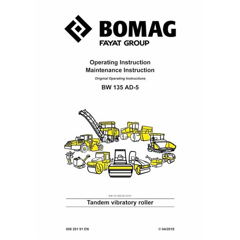 Rodillo vibratorio tándem BOMAG BW135 AD-5 pdf manual de operación y mantenimiento - BOMAG manuales - BOMAG-00820191EN-d18