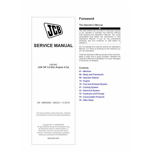 Manuel d'entretien pdf du moteur JCB T4F 3.0 Elec 4 Cyl - JCB manuels - JCB-9806-6950-1-2018-SM-EN