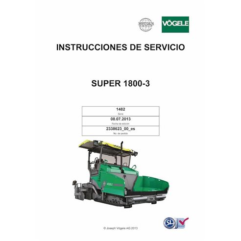 Finisseur sur chenilles Vögele SUPER 1800-3, 1800-3i pdf manuel d'utilisation et d'entretien ES - Vögele manuels - VGL-233862...