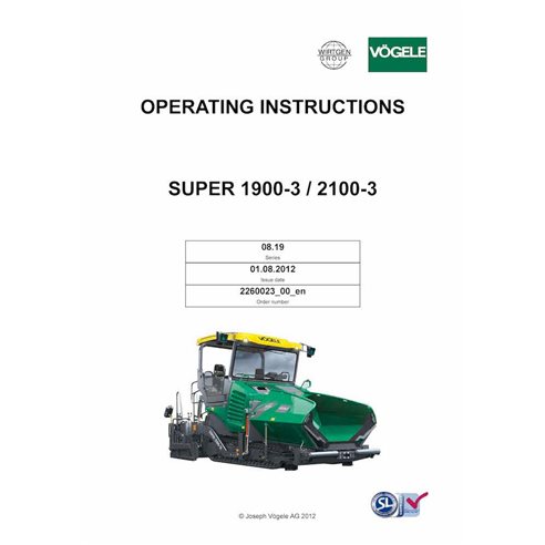 Vögele SUPER 1900-3, 2100-3 tracked paver pdf operation and maintenance manual  - Vögele manuals - VGL-2260023-00-EN